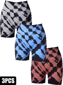 3 Pack Women's Side Cut-Out Tie-Dye Seamless Hip Lift High Waist Sports Fitness Yoga Shorts (Option: 3PACK1-S)