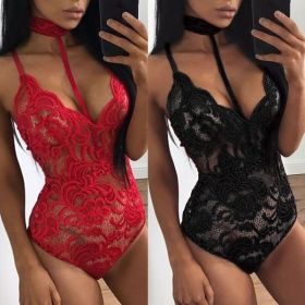 Fashion Women Sheer Lace Floral Leotard Tops Backless Jumpsuit Sexy Lingerie Dress Neck Choker Bodysuit (Color: BLACK, size: M)
